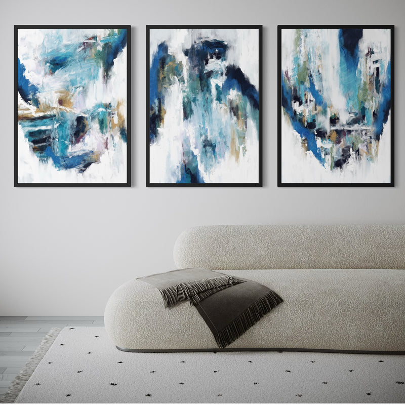 Set of 3 Framed Canvas - Blue Rain