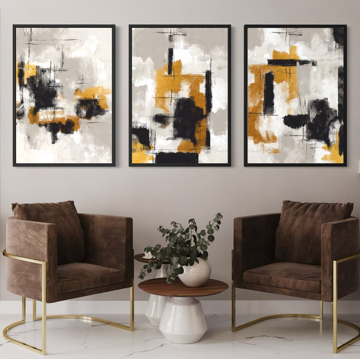 Set of 3 Framed Canvas - Golden Noir
