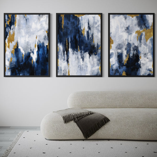 Set of 3 Framed Canvas - Navy Blue & Gold