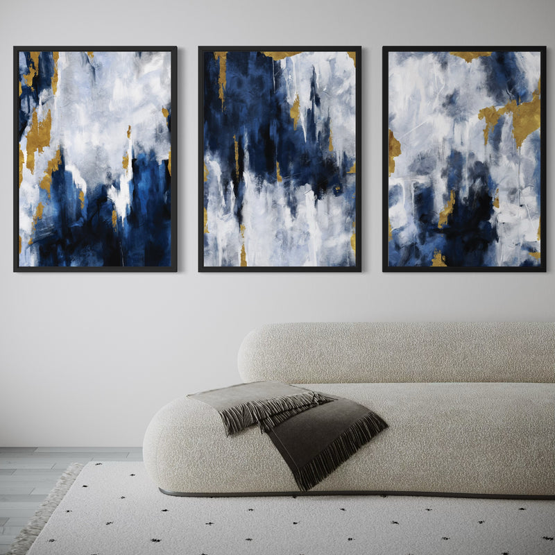 Set of 3 Framed Canvas - Navy Blue & Gold