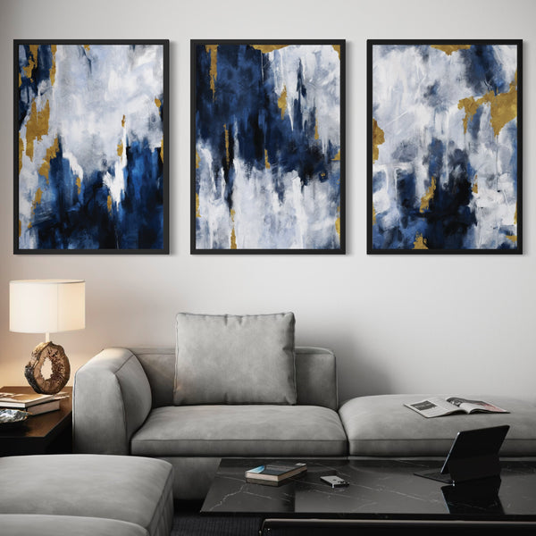 Set of 3 Framed Canvas - Navy Blue & Gold