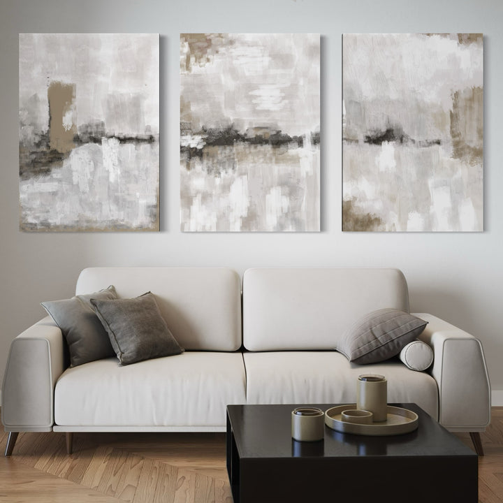 Abstract Canvas Set of 3 - Nude & Grey Clouds