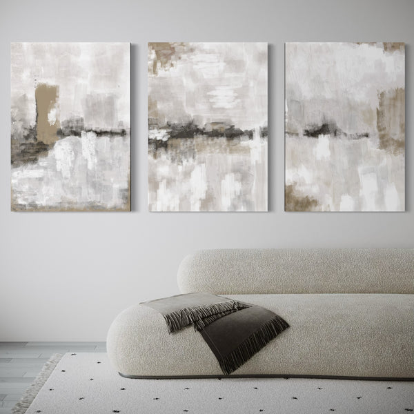 Abstract Canvas Set of 3 - Nude & Grey Clouds