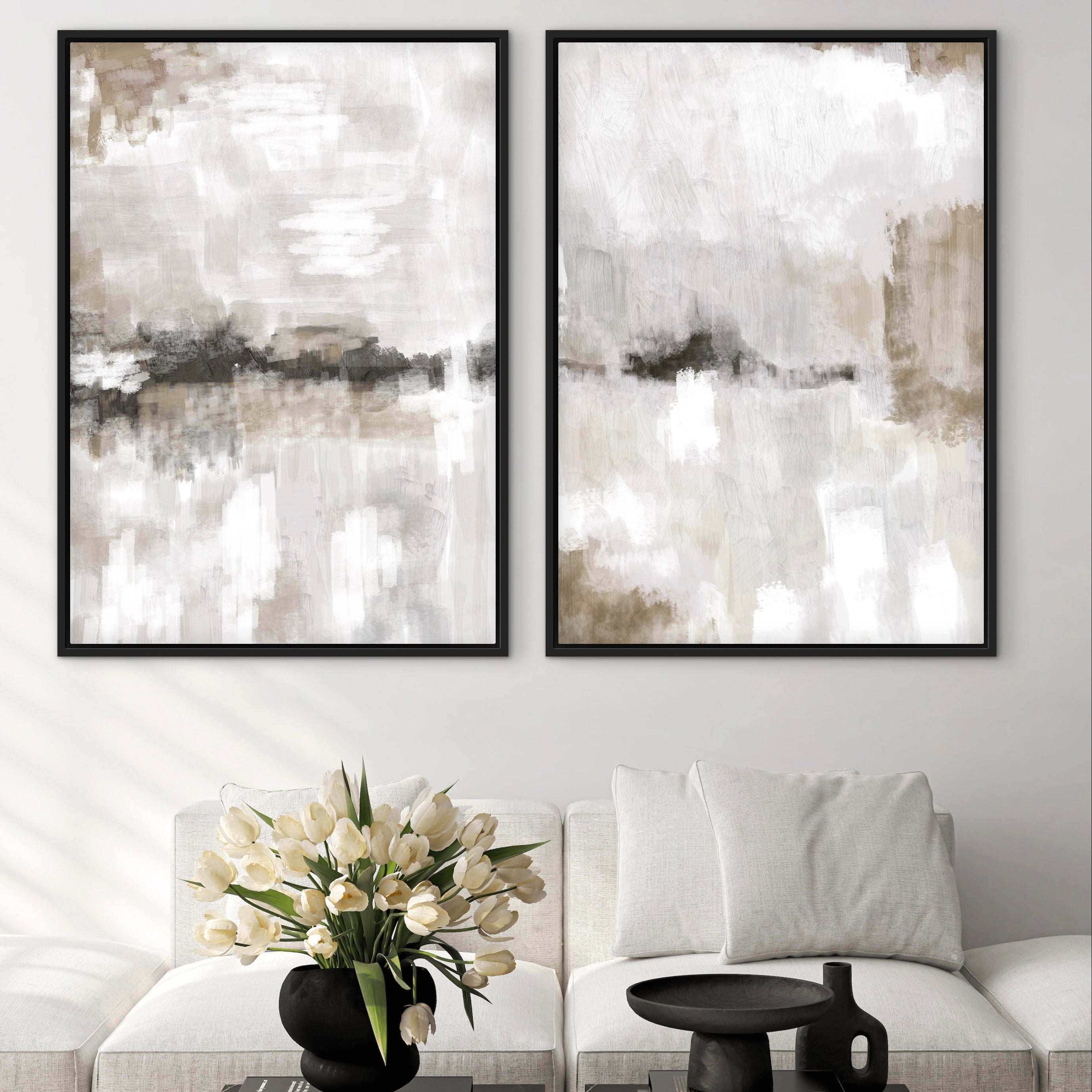 Set of 2 Framed Canvas - Nude & Grey Clouds