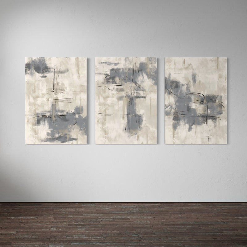 Abstract Canvas Set of 3 - Grey Storm