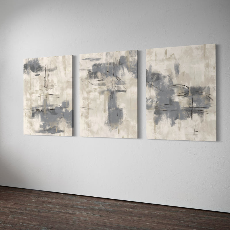 Abstract Canvas Set of 3 - Grey Storm