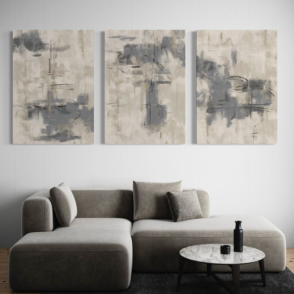 Abstract Canvas Set of 3 - Grey Storm