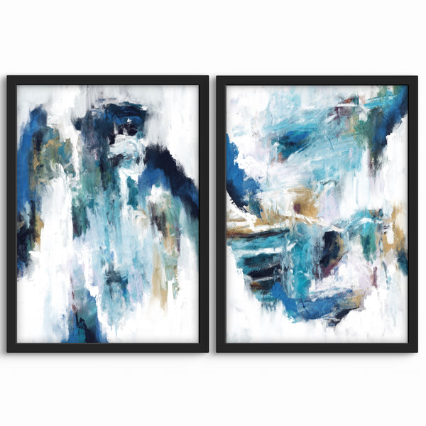 Abstract Art Set of 2 Prints - Blue Rain