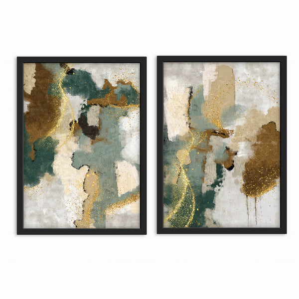 Abstract Art set of 2 prints - Green & Gold