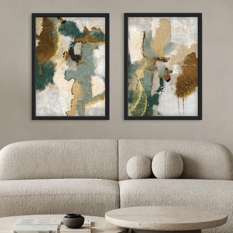 Abstract Art set of 2 prints - Green & Gold