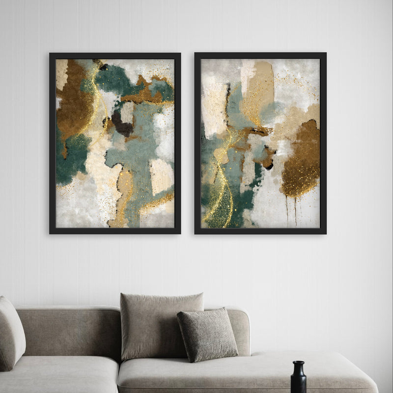 Abstract Art set of 2 prints - Green & Gold