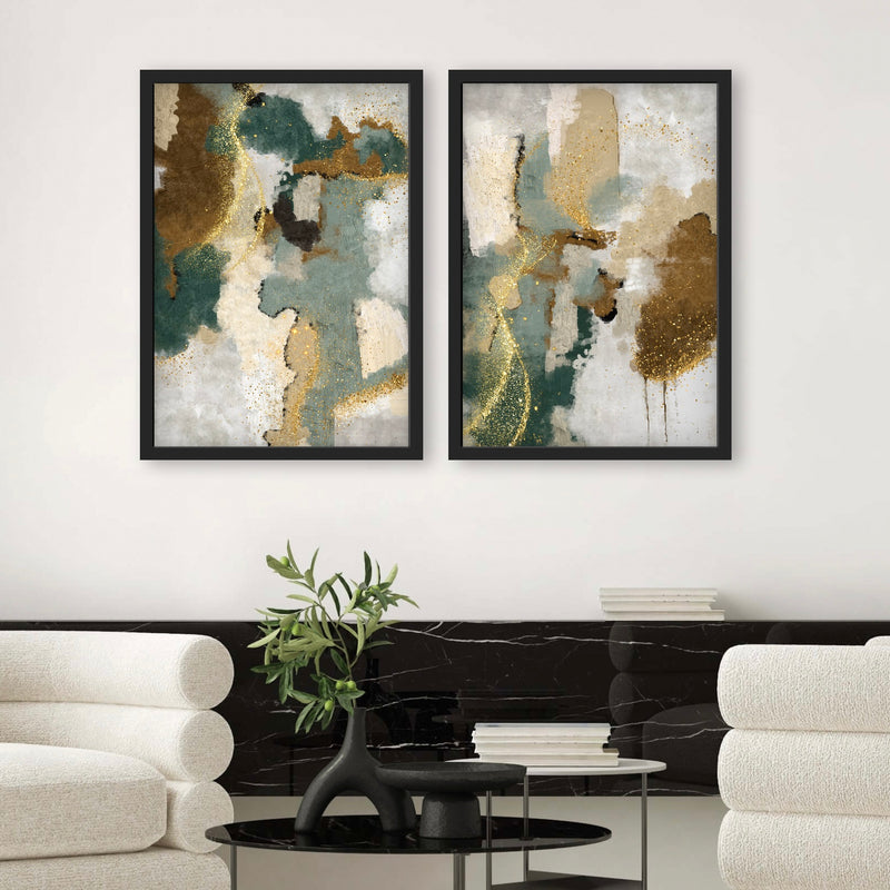 Abstract Art set of 2 prints - Green & Gold