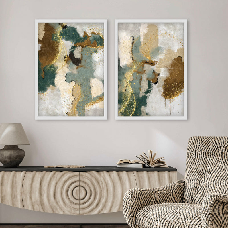 Abstract Art set of 2 prints - Green & Gold