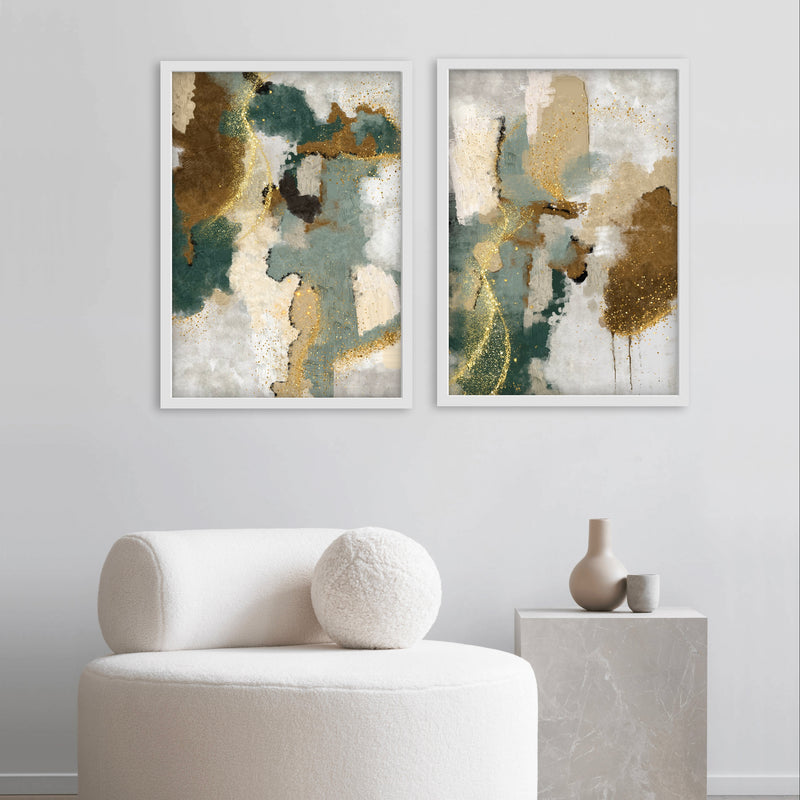 Abstract Art set of 2 prints - Green & Gold