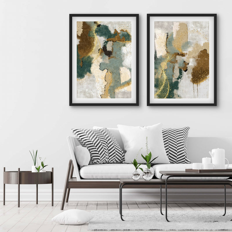 Abstract Art set of 2 prints - Green & Gold