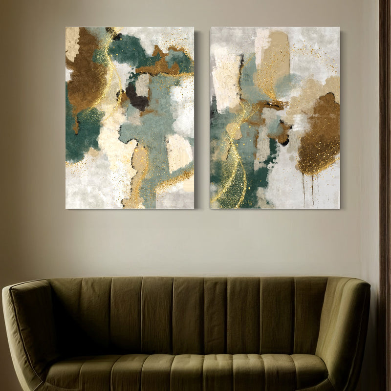 Abstract Canvas Set of 2 - Green & Gold