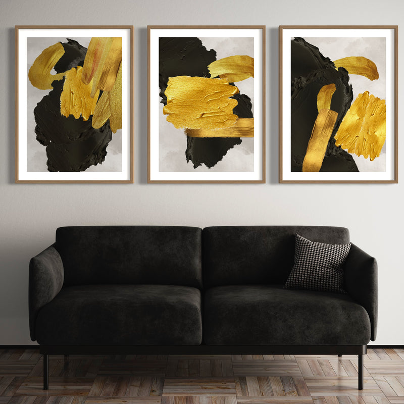 Abstract Art set of 3 prints - Black / Gold