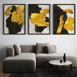 Abstract Art set of 3 prints - Black / Gold