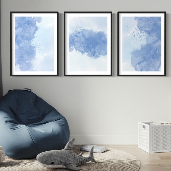 Abstract Art set of 3 prints - Blue Clouds