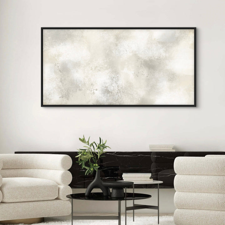 Abstract Canvas Wall Art Above Glossy Black Console, Bouclé Lounge Chairs And Nesting Tables—Serene Modern Living Room.