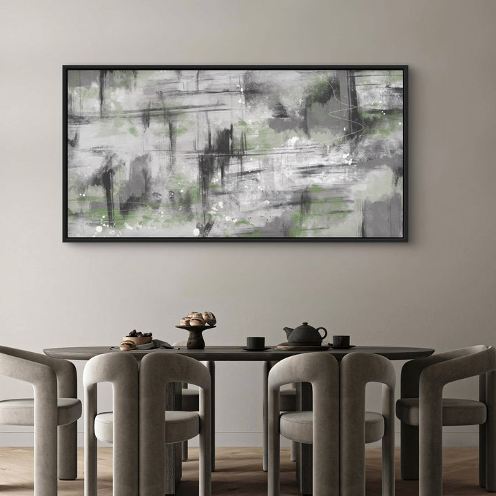 Abstract Wall Art Styled with Dark Oval Dining Table, Taupe Curved Dining Chairs, Black Teapot and Cups, Pastry Stand, and Light Wood Floor. Perfect for Contemporary Dining Room.