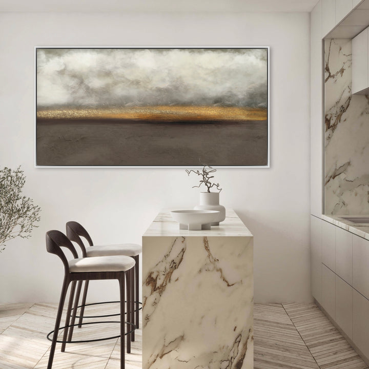 Abstract Wall Art Styled with Marble Waterfall Kitchen Island, Dark Wood Bar Stools With Cream Seats, Minimal White Ceramic Vases and Marble Backsplash. Perfect for Contemporary Kitchen.