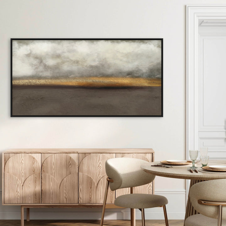 Abstract Wall Art Styled with Light Wood Scalloped Sideboard, Round Ribbed Pedestal Dining Table, Beige Upholstered Chairs, Neutral Dinnerware and Glassware. Perfect for Contemporary Dining Room.