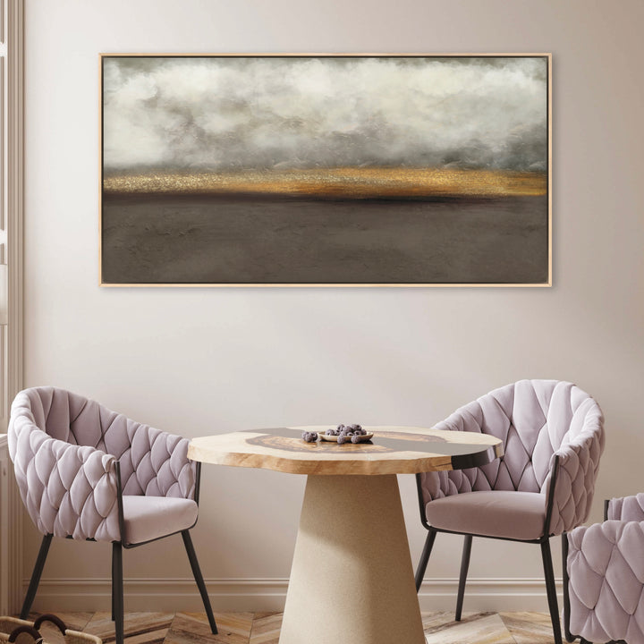 Abstract Wall Art Styled with Round Pedestal Dining Table, Quilted Mauve Dining Chairs,  and Soft Neutral Walls. Perfect for Contemporary Breakfast Nook.