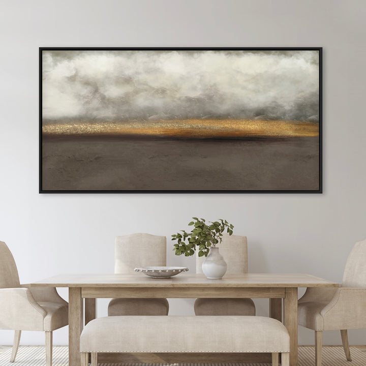 Abstract Wall Art Styled with Light Wood Dining Table, Beige Upholstered Chairs And Bench, White Ceramic Vase With Greenery, and Decorative Bowl Perfect for Contemporary Dining Room.