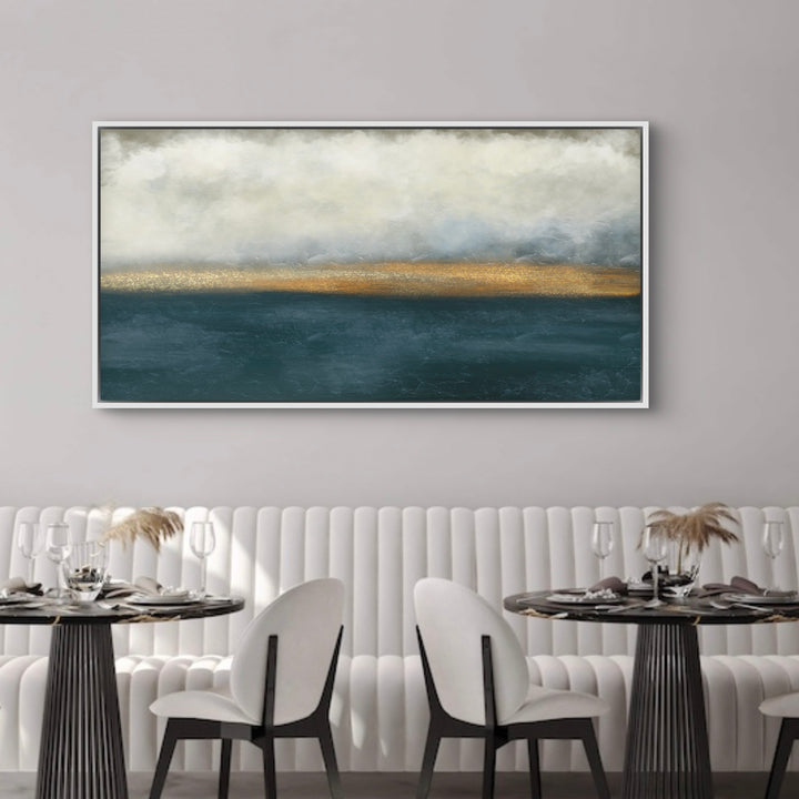 Minimalist Abstract Art Wall Styled with Round Black Pedestal Dining Tables, Gray Upholstered Chairs, Wine Glass Place Settings, and Pampas Grass Centerpieces. Perfect for Contemporary Dining Room or Restaurant.