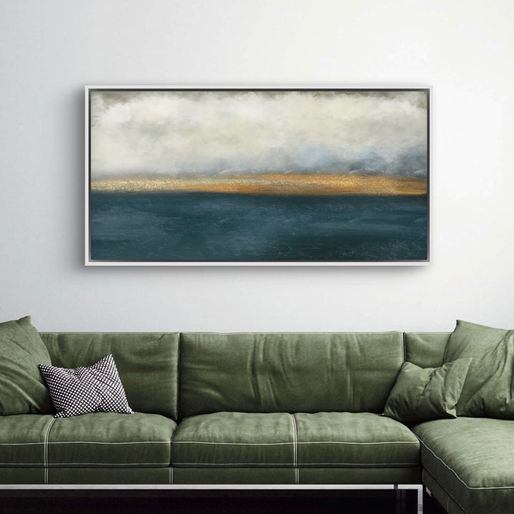 Minimalist Abstract Art Wall Styled with Olive Green Sectional Sofa, Black-And-White Patterned Cushion, and Clean White Wall. Perfect for Contemporary Living Room.