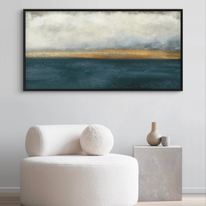 Minimalist Abstract Art Wall Styled with Cream Bouclé Lounge Chair with Round Pillow, Gray Marble Cube Side Table, and Taupe & Gray Ceramic Vases. Perfect for Contemporary Reading Nook.