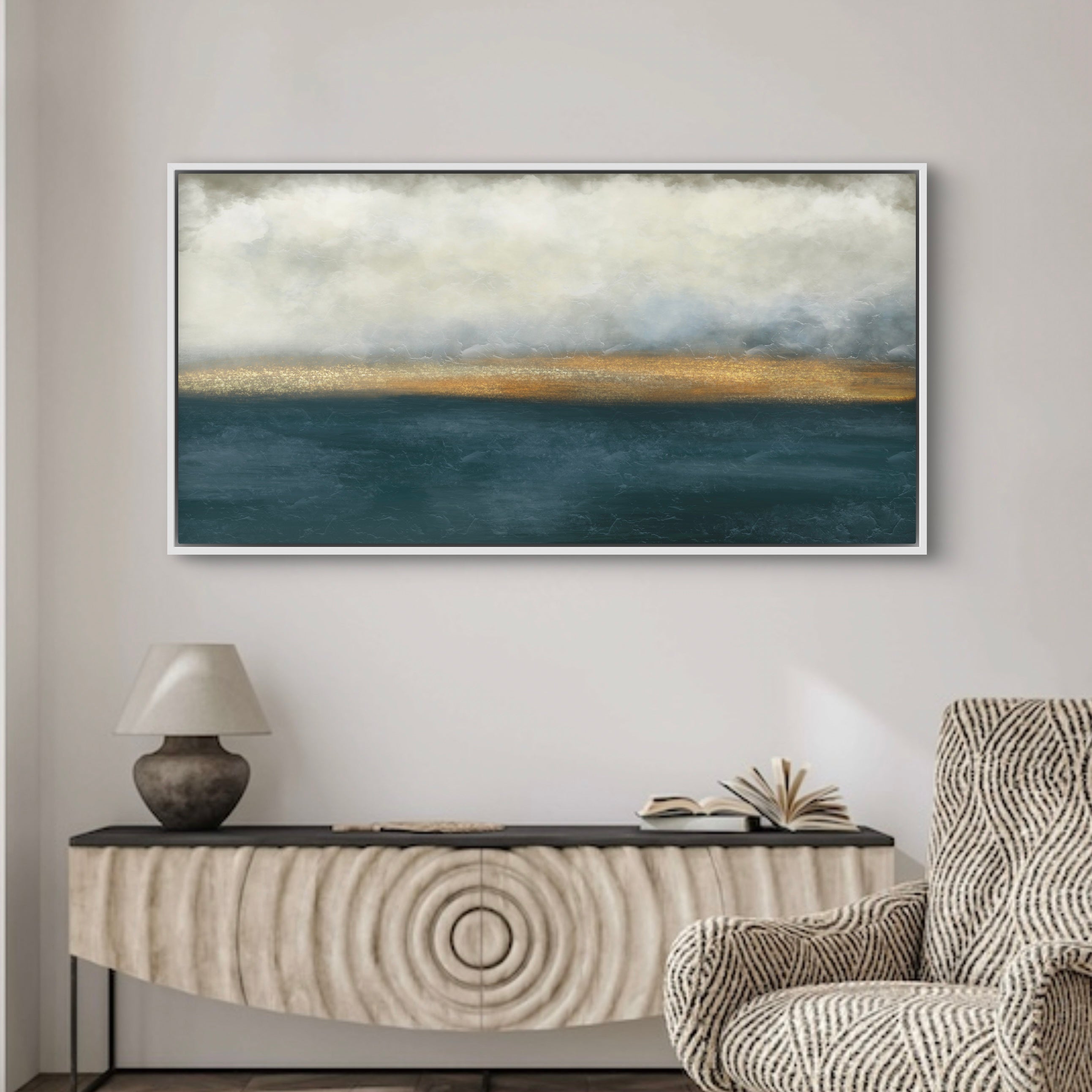 Minimalist Abstract Art Wall Styled with Sculpted Ripple-Front Console, Stone Table Lamp and a Patterned Accent Chair. Perfect for Contemporary Entryway or Living Room.