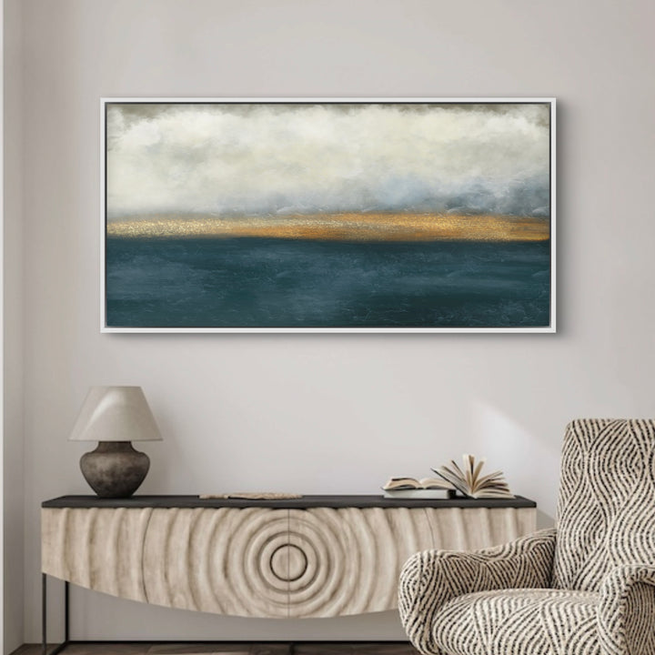 Minimalist Abstract Art Wall Styled with Sculpted Ripple-Front Console, Stone Table Lamp and a Patterned Accent Chair. Perfect for Contemporary Entryway or Living Room.