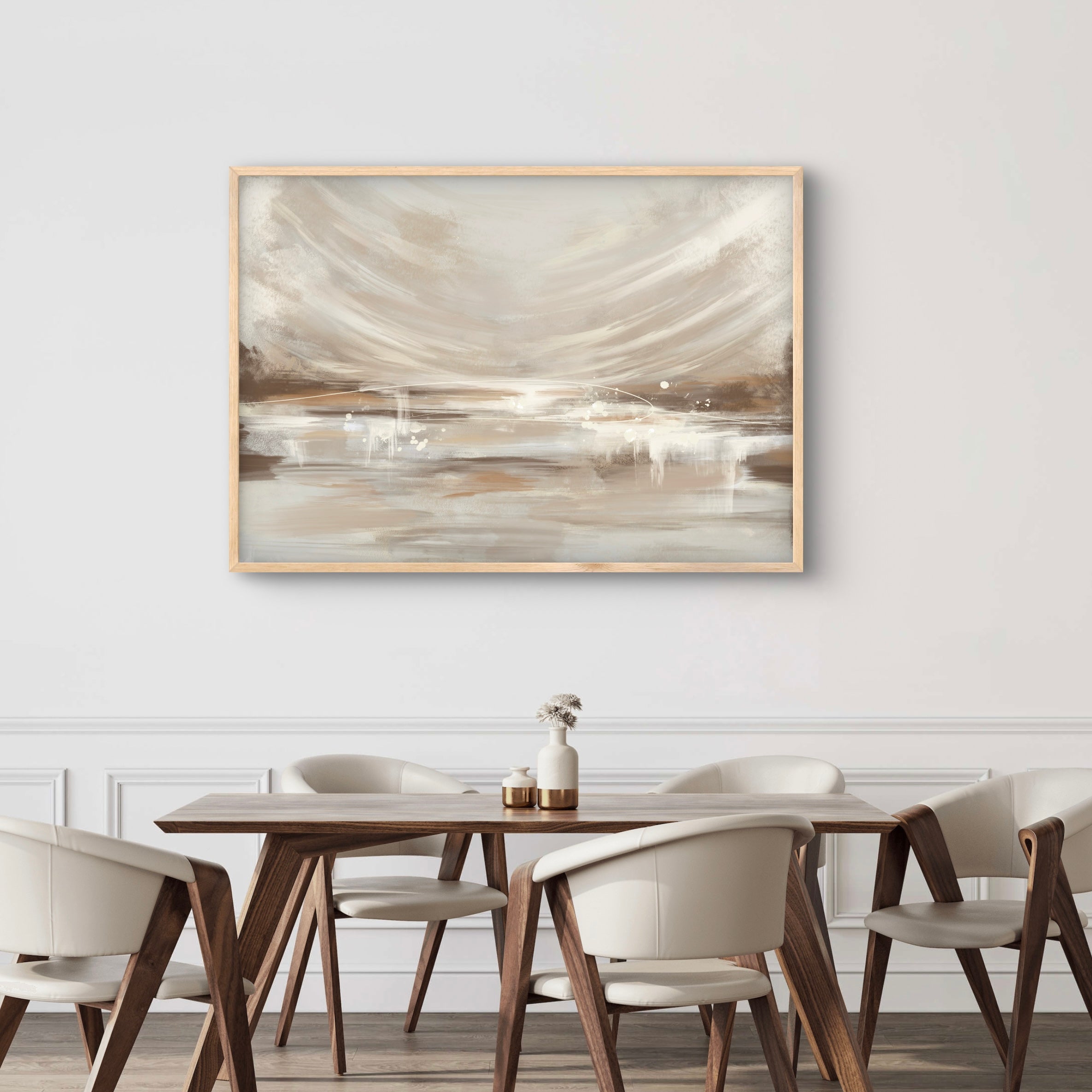 Modern Abstract Wall Art Styled With Walnut Dining Table, Cream Upholstered Dining Chairs, White Wall Paneling, Ceramic Vases Centerpiece, And Light Wood Floor. Perfect For Contemporary Dining Room.