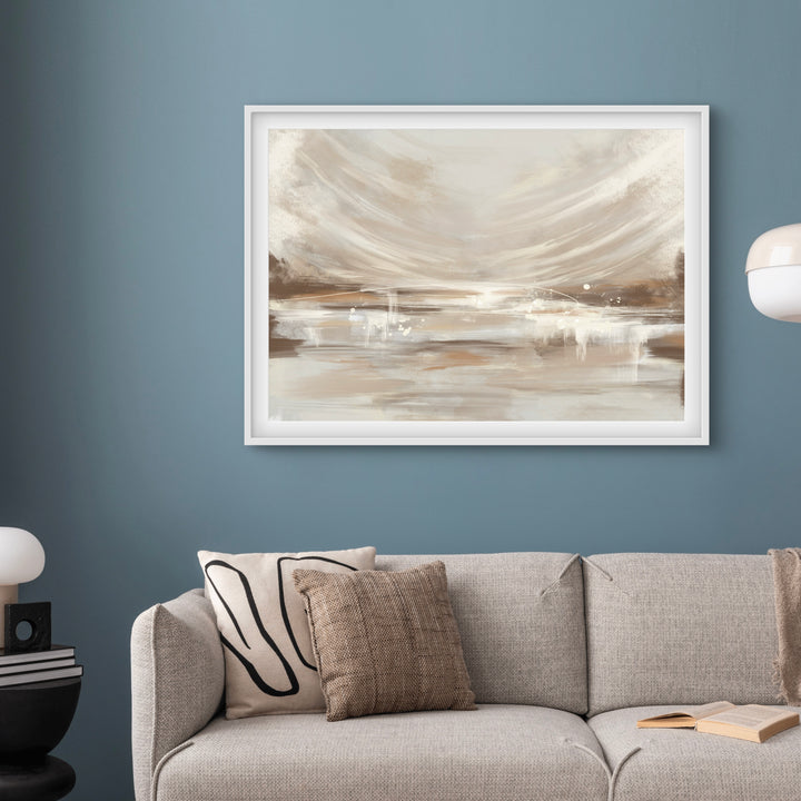 Minimalist Abstract Wall Art Styled with Gray Textured Sofa and Pillow, Round Black Side Table with White Mushroom Lamp, Stacked Books, and a Blue Feature Wall. Perfect for Contemporary Living Room.