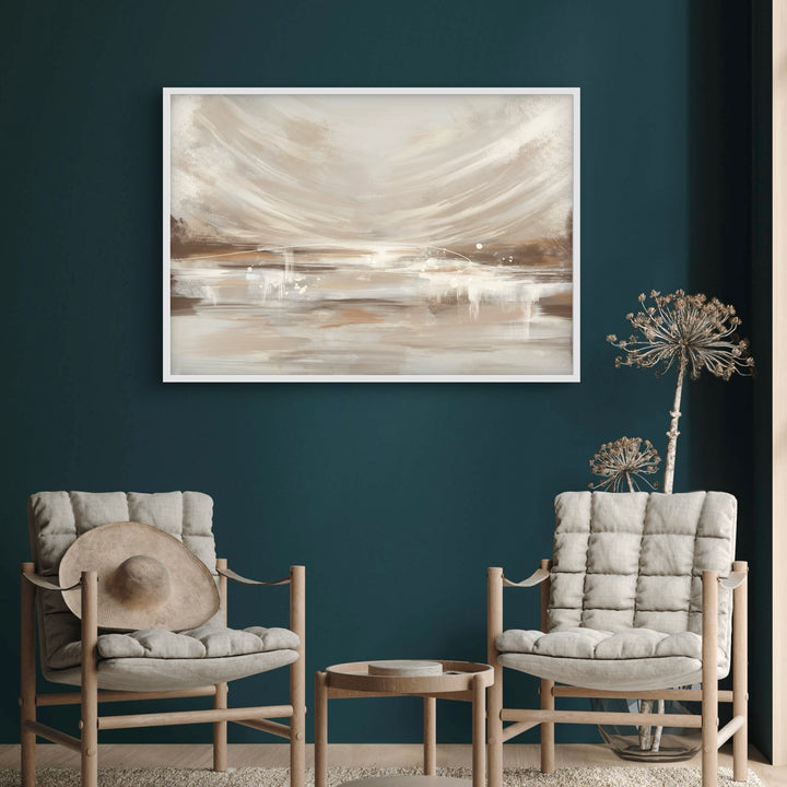 Minimalist Abstract Wall Art Styled with Pair of Light Wood Lounge Chairs with Tufted Cushions, Round Nesting Side Tables, Dried Botanical Stems, and a Deep Teal Feature Wall. Perfect for Cozy Reading Nook.