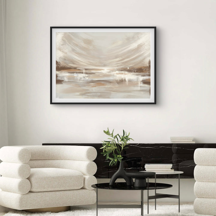 Elegant Abstract Wall Art Styled with Cream Bouclé Barrel Chairs, Black Marble Console, Nesting Black Coffee Tables, Olive-Branch Vase. Perfect for Contemporary Living Room.