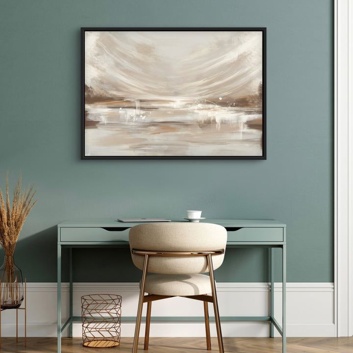 Elegant Abstract Wall Art Styled with Sage Green Writing Desk, Cream Upholstered Chair With Brass Legs, Copper Wire Basket, Dried Wheat Stems. Perfect for Modern Home Office.