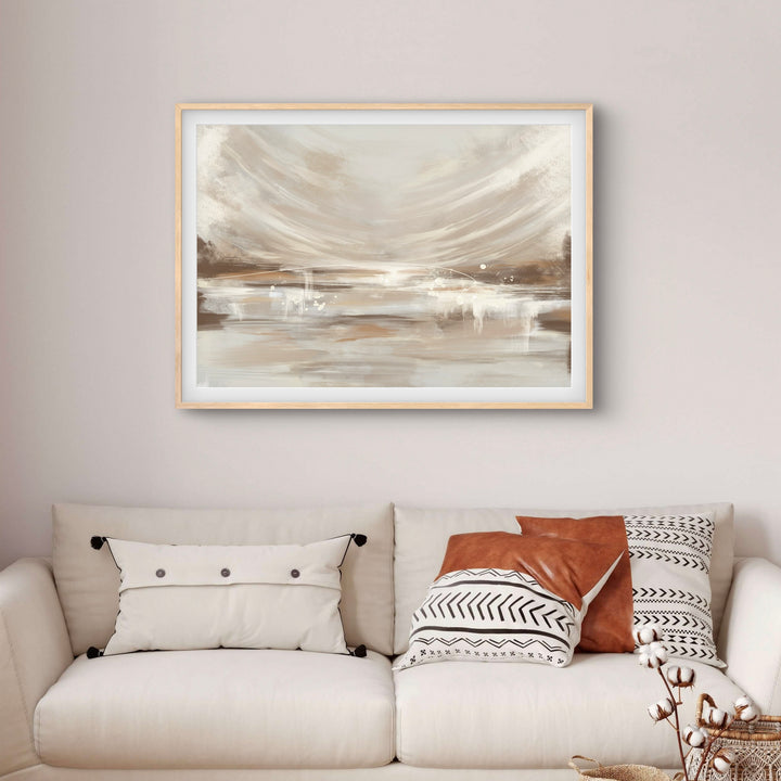 Minimalist Abstract Art Wall Styled with Cream Sofa And Pillows, Brown Ceramic Vase With Cotton Stems, Woven Basket. Perfect for Cozy Living Room.