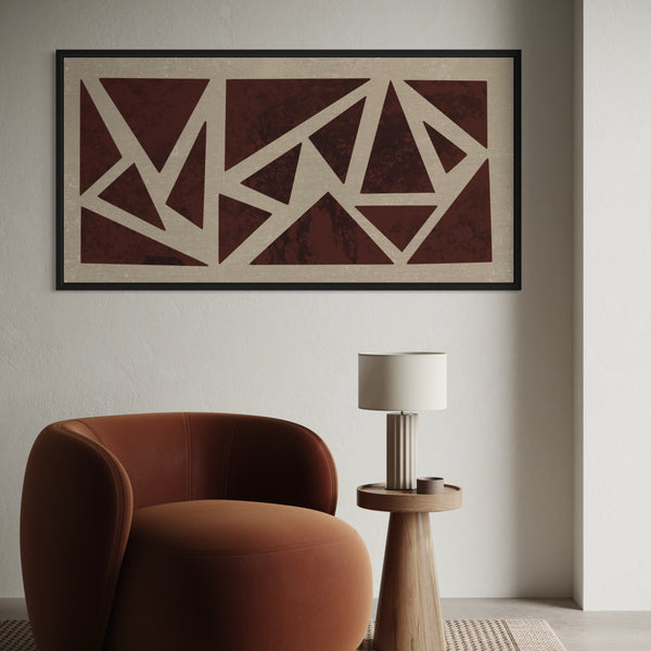 Elegant Large Abstract Art Framed Canvas in Living Room – Styled with a Bold Terracotta Swivel Chair and Minimalist Wooden Side Table