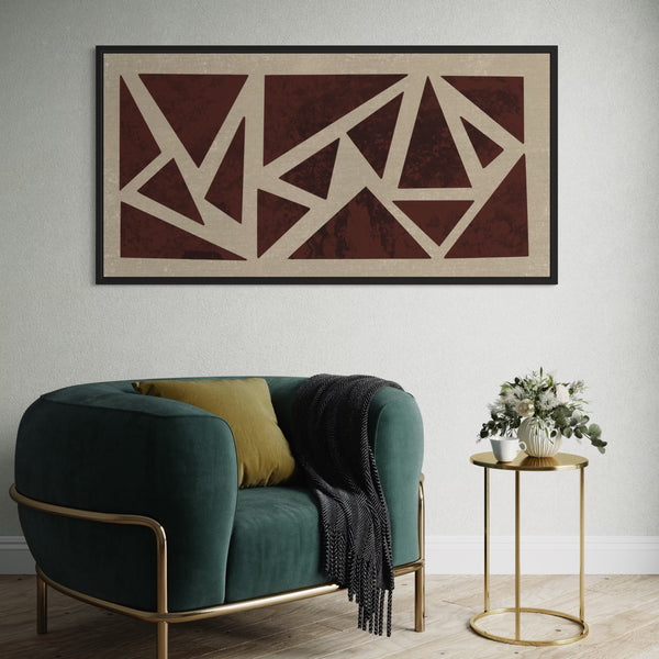 Large Stylish Abstract Canvas Wall Art in Living Room– Geometric Design, Paired with Luxe Emerald Green Velvet Armchair, Brass Accents, and Minimalist Side Table