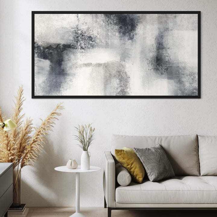 Minimalist Abstract Canvas Wall Art  Styled with Light Beige Sofa, Mustard and Gray Pillows, Bolster Cushion, White Pedestal Side Table, Ceramic Vases, Pampas Grass, and a Pale Yellow Lamp. Perfect for Contemporary Living Room.
