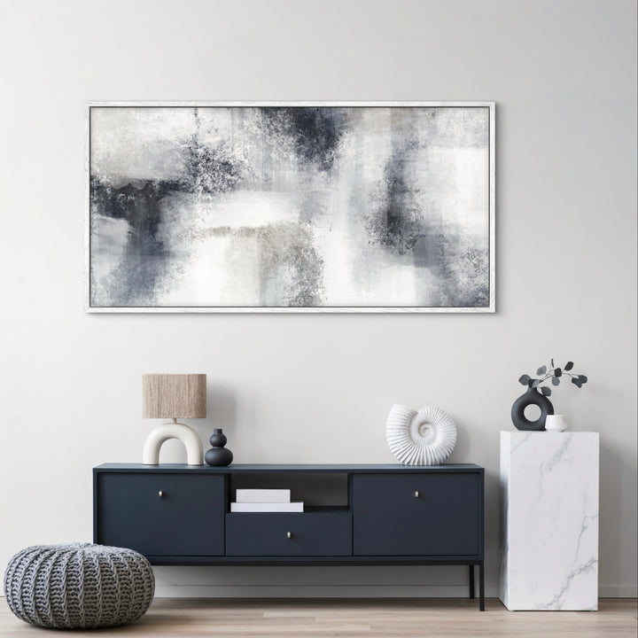 Minimalist Abstract Canvas Wall Art  Styled with Navy Console Sideboard, Linen-Shade Arch Table Lamp, White Shell Sculpture, Marble Pedestal, Gray Knit Pouf, and Eucalyptus Stem. Perfect for Contemporary Entryway or Living Room.