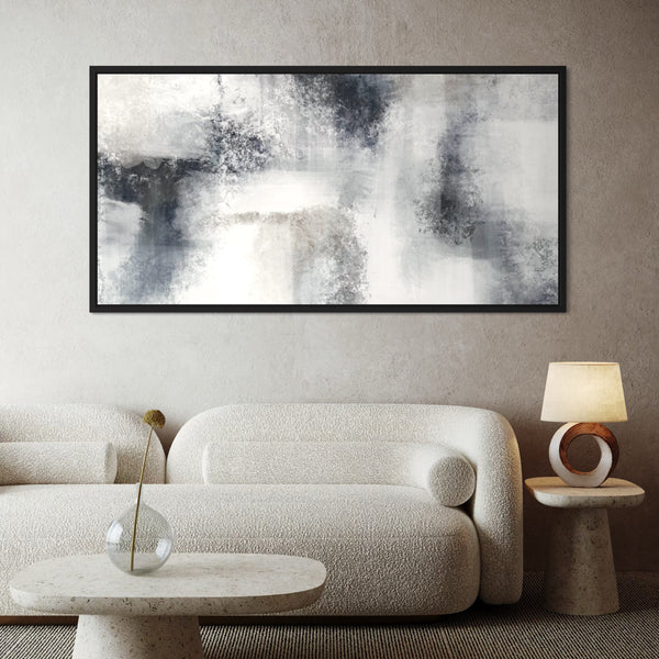 Minimalist Abstract Canvas Wall Art Styled with Cream Bouclé Curved Sofa, Stone Pedestal Side Table, Round Terrazzo Coffee Table, Circular Wood Accent Lamp, and a Glass Bud Vase With Single Stem. Perfect for Contemporary Living Room.