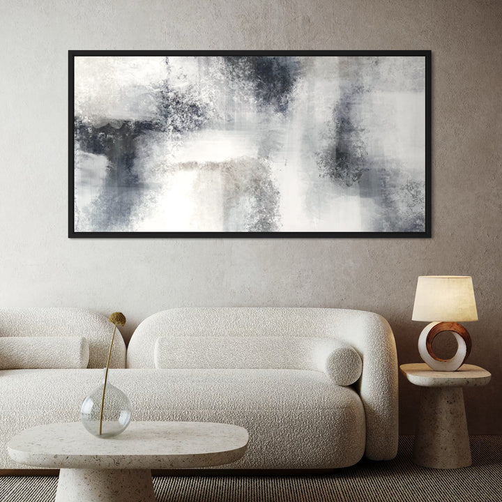 Minimalist Abstract Canvas Wall Art Styled with Cream Bouclé Curved Sofa, Stone Pedestal Side Table, Round Terrazzo Coffee Table, Circular Wood Accent Lamp, and a Glass Bud Vase With Single Stem. Perfect for Contemporary Living Room.