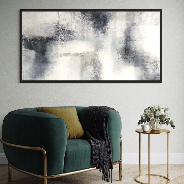 Minimalist Abstract Canvas Wall Art Styled with Emerald Velvet Armchair With Brass Frame, Mustard Cushion, Black Herringbone Throw, Gold Round Side Table, White Ribbed Vase With Greenery, and a White Cup And Saucer. Perfect for Contemporary Reading Nook.