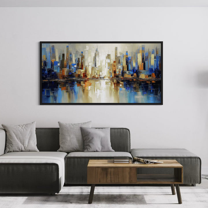 Abstract Canvas Urban City Wall Decor Styled With Grey Sectional Sofas and Throw Pillows, Wooden or Industrial-Style Coffee Tables Perfect For Modern Elegance Living Room