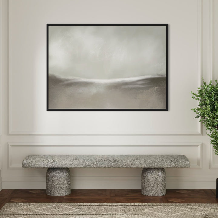 Neutral Framed Canvas Wall Art – Abstract Landscape Above Stone Bench with Textured Rug & Indoor Plant in Modern Entryway