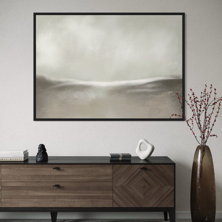Neutral Abstract Framed Canvas Wall Art – Modern Landscape Above Wood Sideboard with Sculptural Decor & Brown Tall Vase